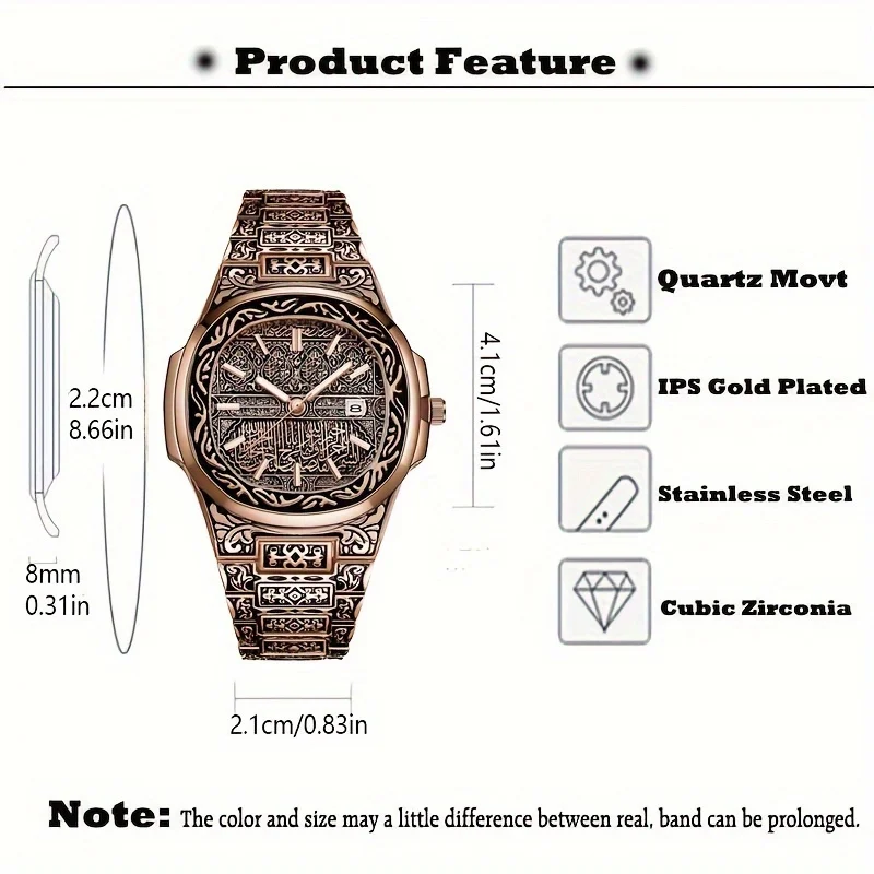 Retro Bronze Embossed Men\'s Steel Band Watch Fashion Trend High-end Calendar Business Men\'s Watch