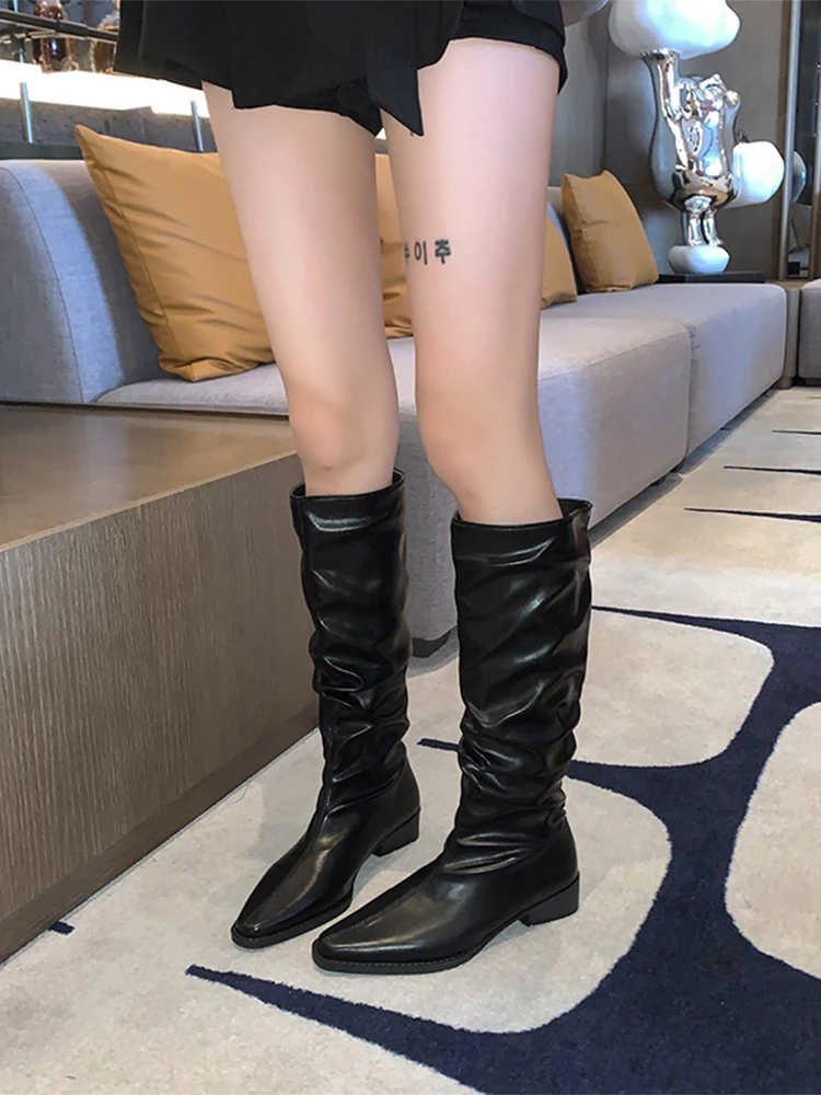 

Сложенные рыцарские сапоги, женские длинные высокие сапоги-трубы, весенне-осенние новые утягивающие высокие сапоги-трубы с острым носком на каблуке