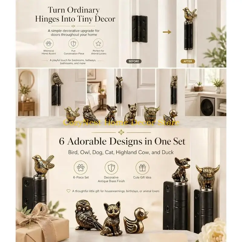 92MF Brasses Animal Collection 6PCS Miniature Door Hinge Head Toppers Decors for Bookshelves or Coffee Table Display