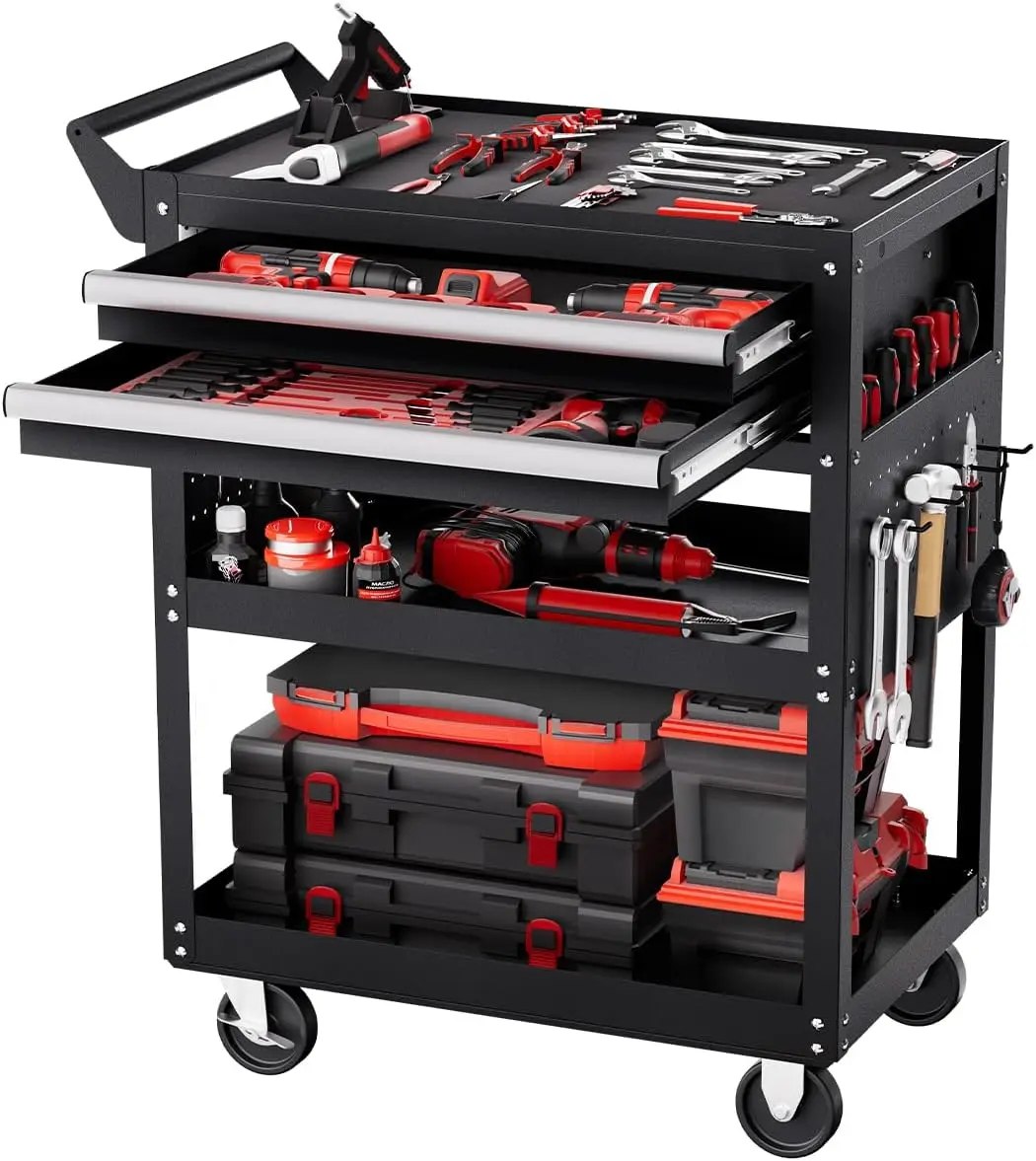 

5-Tier Rolling Tool Cart with Wheels, 400 lbs Capacity, 2 Drawers & Pegboard, Locking Storage for Garage and Workshop