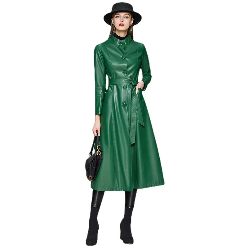 PinkyIsBlack 2023 New Autumn Winter Long Waterproof Leather Trench Coat for Women Long Sleeve Loose Korean Fashion Clothes