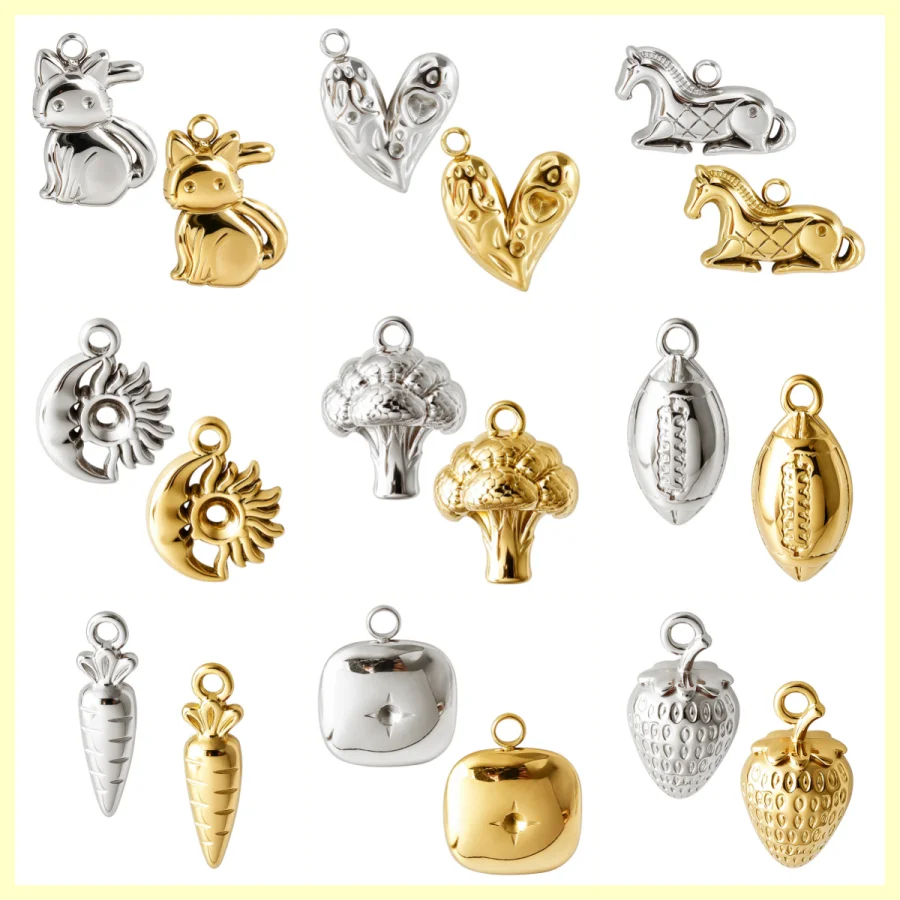 Hot Sale 10Pcs Stainless Steel Horse Heart Strawberry Broccoli Kitten Pendant  DIY Women Necklace Accessories Making Jewelry