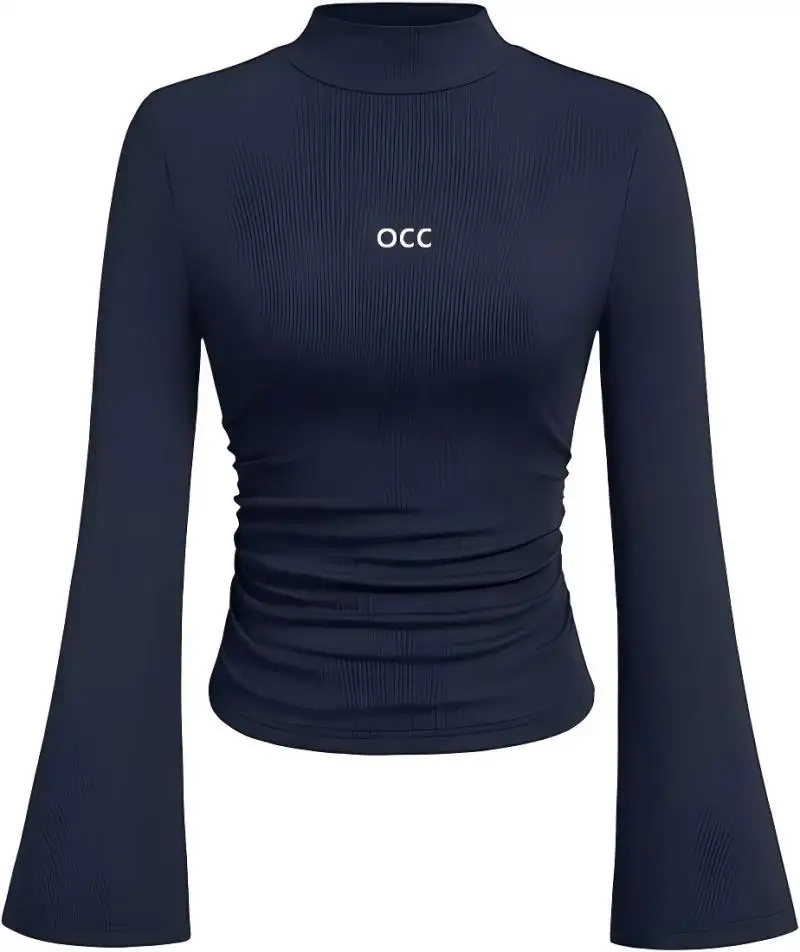 2026 new women's half height round neck knitted slim fit flared sleeves with waist cinching solid color long sleeves