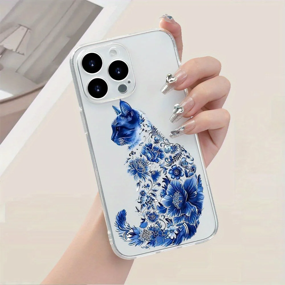 حافظة هاتف شفافة من مادة TPU على شكل زهرة زرقاء لهاتف آيفون 16، 15، 14، 13، 12، 11 Pro Max/Plus/Mini XR/XS/X MAX/7 8G Plus