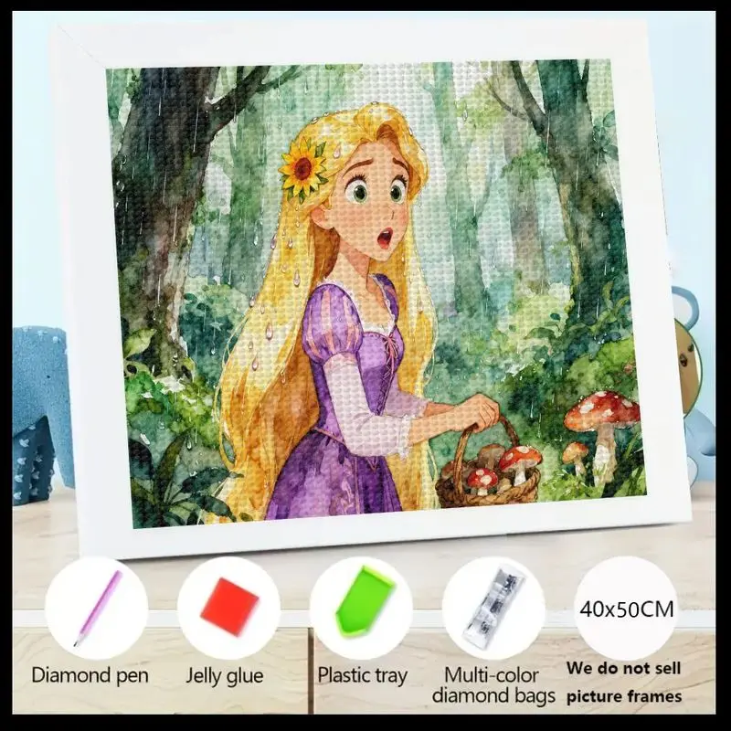 

1PC 5D Diamond Painting Kit, Disney Princess Rapunzel Tangled Enchanted Forest Mushroom Picking Scene, Full Drill Round Crystal