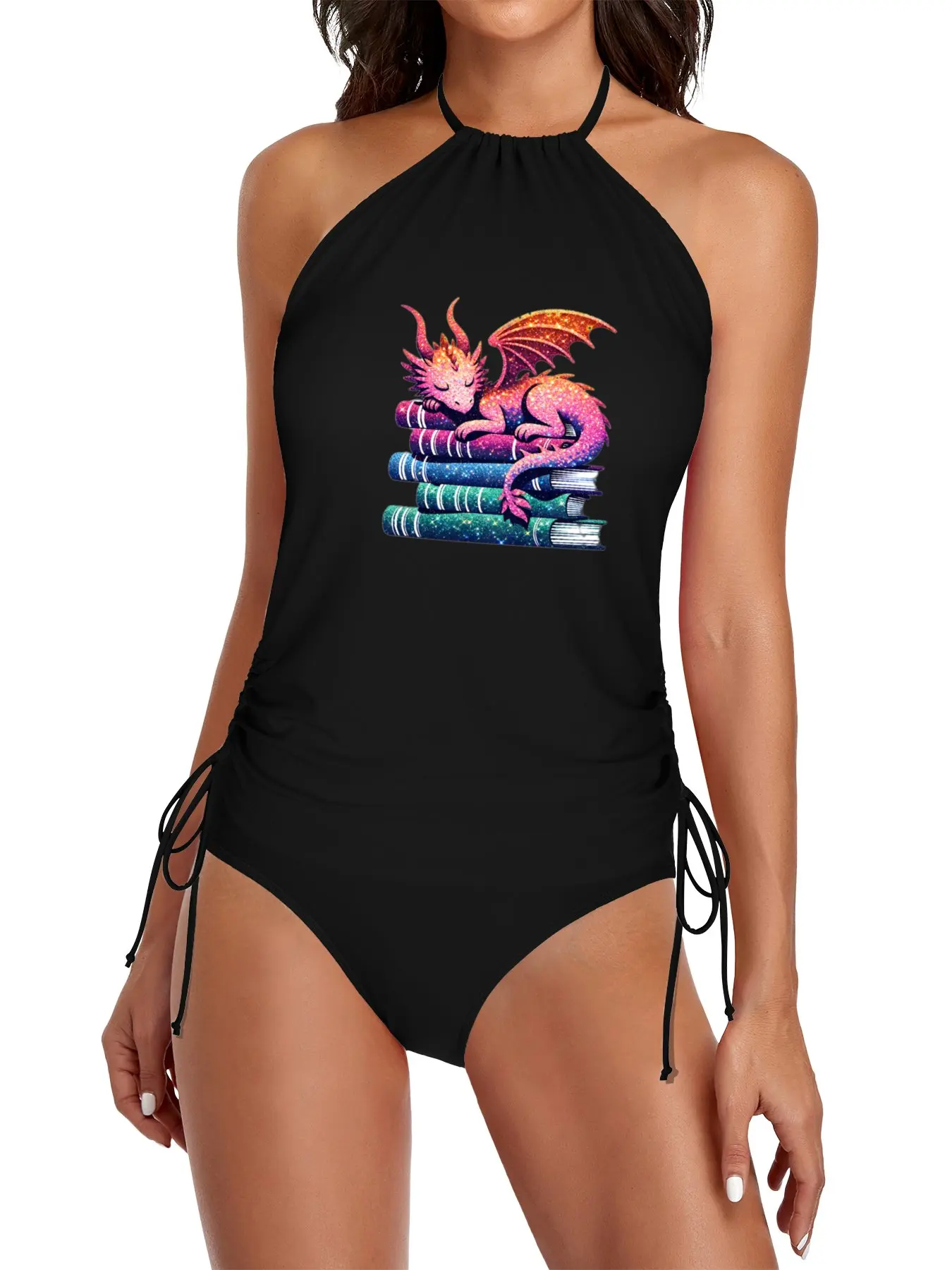 

Glitter Sleeping Red Dragon And Books Split Swimsuit Set black bikini Sexy swimsuit women beach dresses