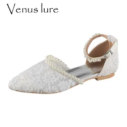Venus lure Customized Embroidery Lace Ivory Wedding Shoes Women Flat Ivory with Pearl edge Pointed Toe Flats