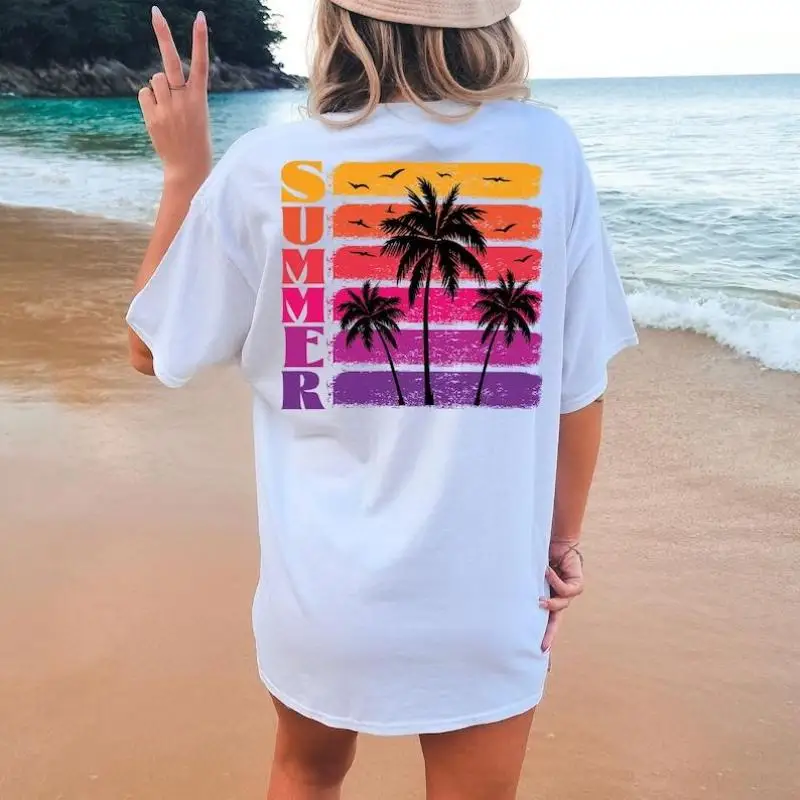 

SUMMER T-Shirt Retro Sunset Palm Tree Graphic Tee Unisex Beach Vacation Apparel Aesthetic Holiday Gift