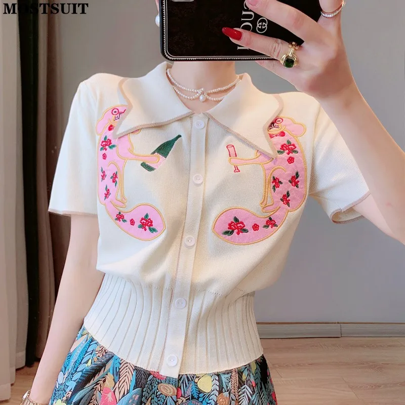 Summer Cartoon Embroidered Knit Crop Tops Pullovers Women Elegant Fashion Slim Short Sleeve Sweater Sweet Single-breasted Tshirt