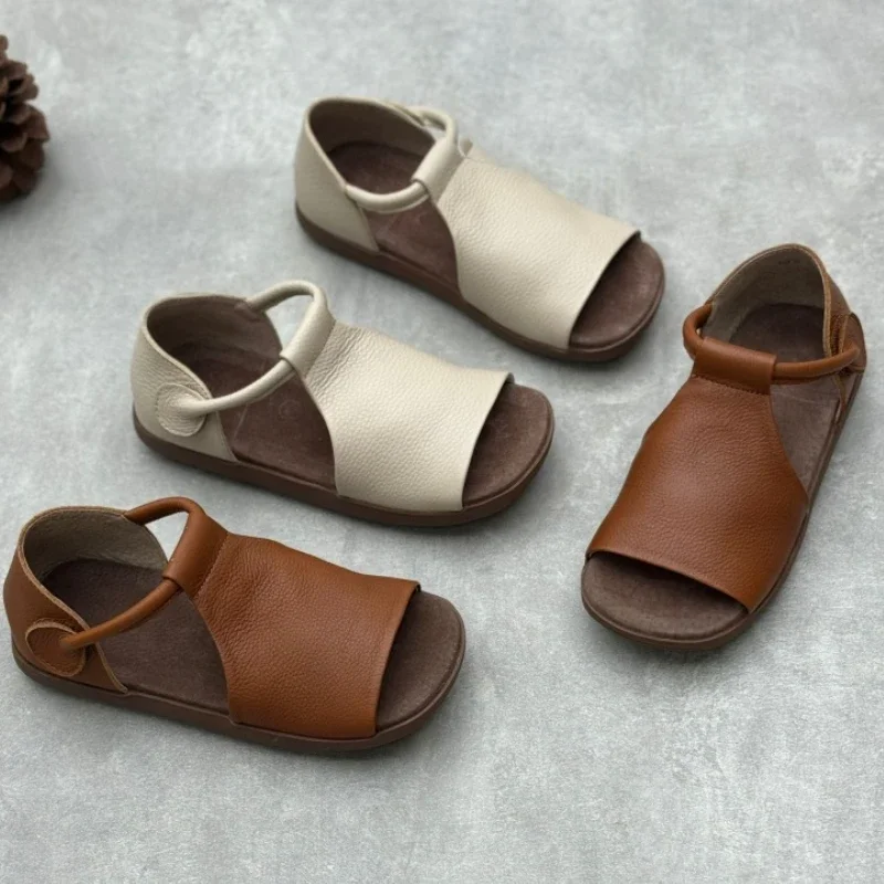 

Retro Women's Brown Sandals Soft Cowhide 2026 Summer New Handmade Comfortable Flat Outdoor Genuine Leather Peep Toe Ladies Shoes