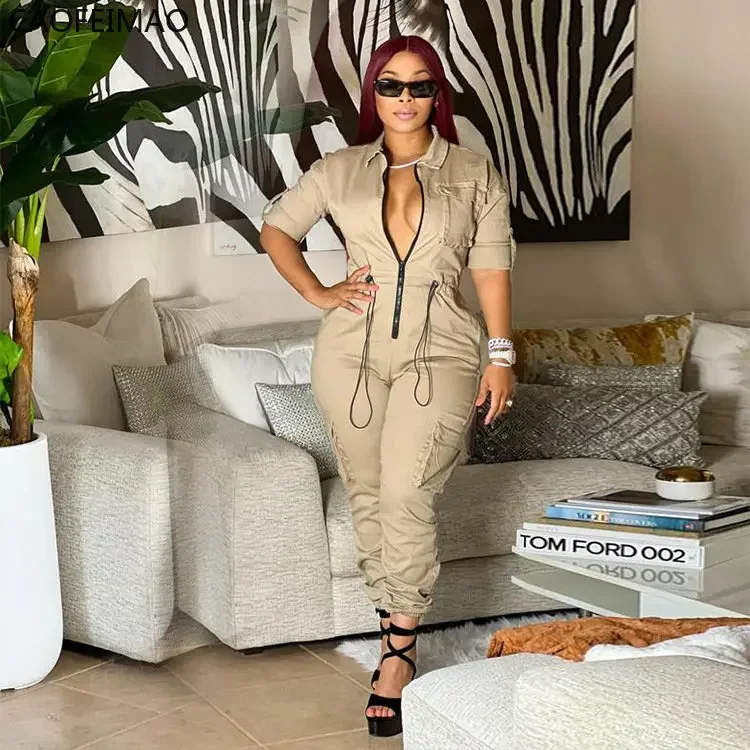 Caofeimao 2025Women Safari Style Short Sleeve Zipper Fly Pocket Side  Zipper Fly Jumpsuit Fashion Casual One Piece Suit Playsuit