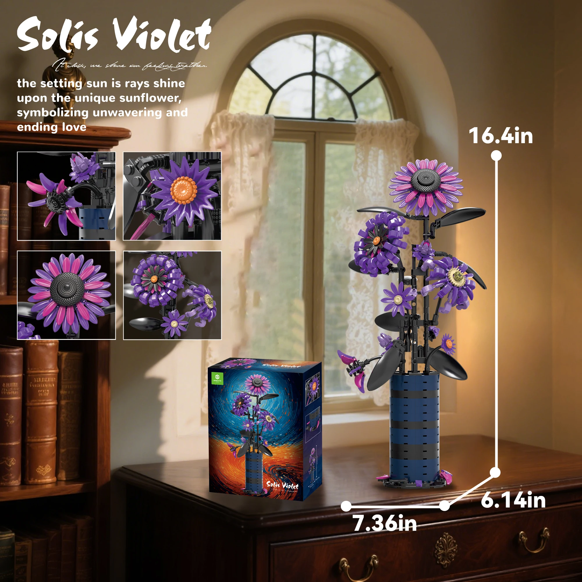 جديد عباد الشمس بنة مجموعة زهرة الأرجواني مع زهرية باقة اصطناعية الطوب أطقم منمذجة للنساء فتاة الكبار هدايا عيد الميلاد #3