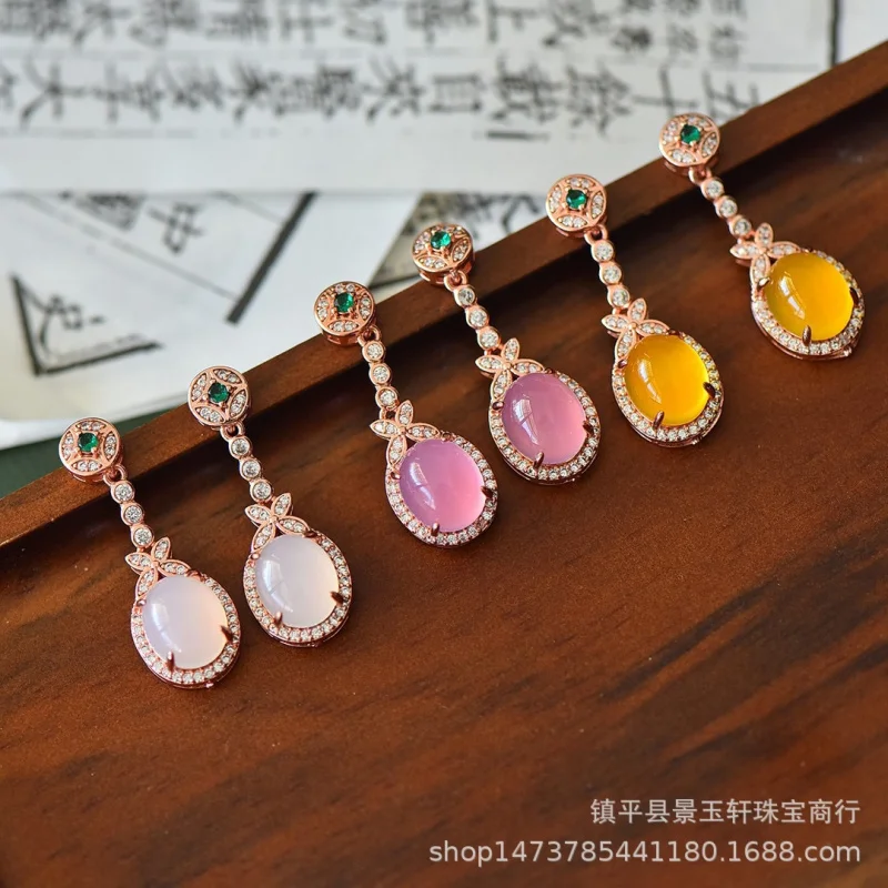 

Женские серьги с инкрустацией зелеными камнями, цвет розовое золото, роскошная инкрустация, серьги из светло-розового агата, желтый халцедон S
