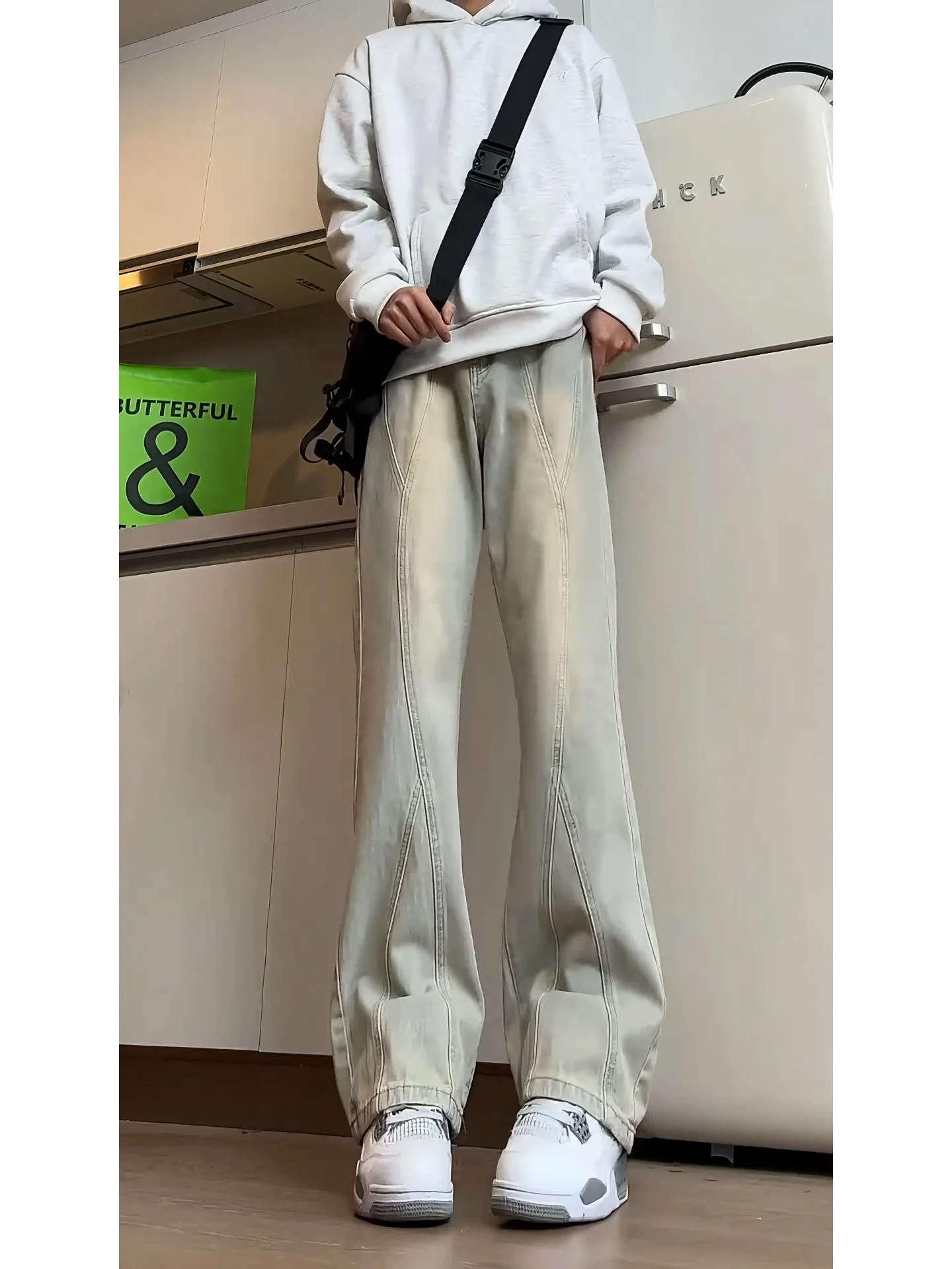 

Slim Fit Patchwork Jeans Men's Autumn Winter American High Street Cool Leg Lengthening Micro Flared Straight Leg Jeans