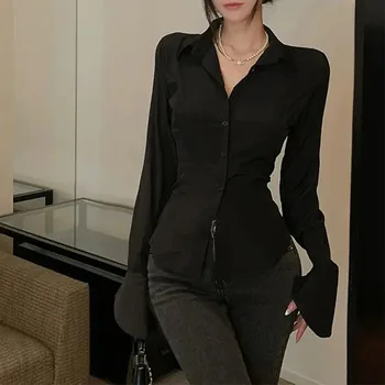 Fashion Women Bandage Shirts Korean All Match Streetwear Female Slim Blouse Spring Casual White Bell Sleeve Shirt New 2