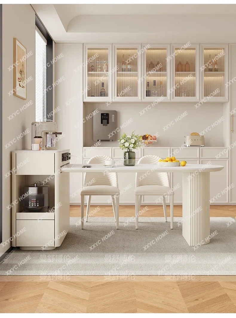 Log Cream Wind Island Dining Table Integrated Household Retractable Slate White