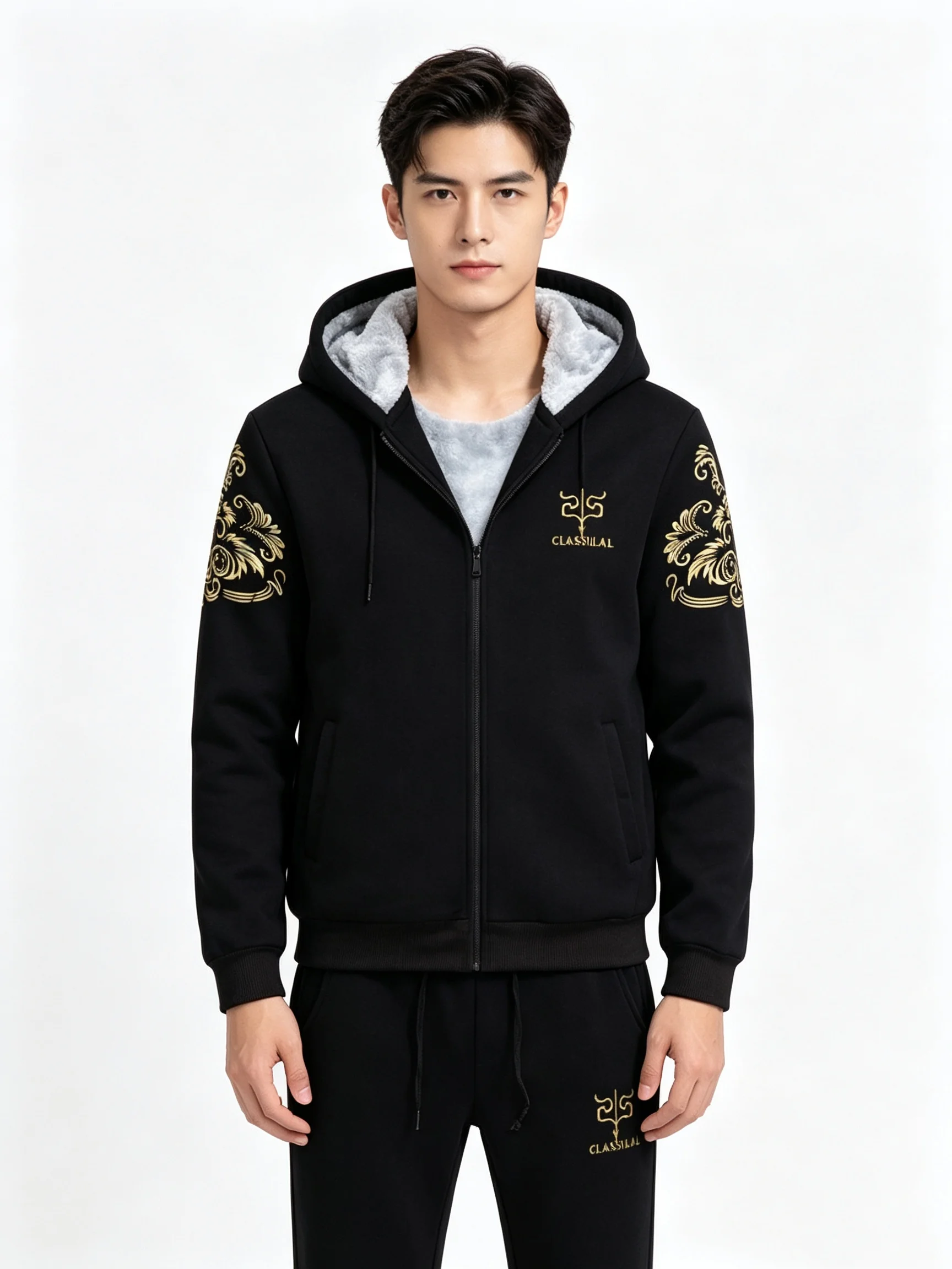Fleece Hoodie Lined - Men Fleece Lined Tracksuit 2 Piece