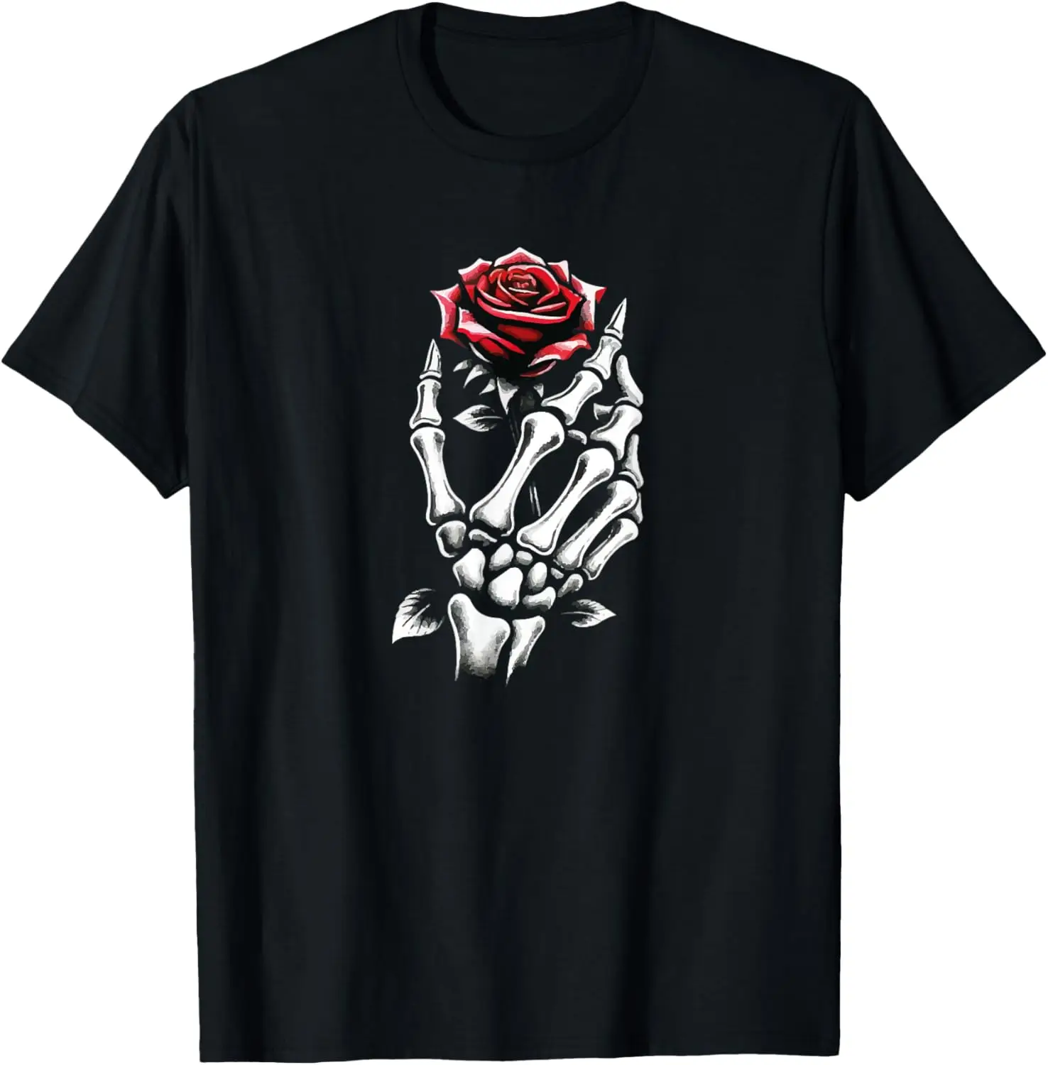 Skeleton Hand Holding Red Crimson Rose Flower Gothic Flora- T-Shirt