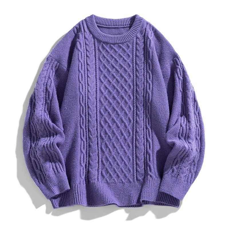 

M-XXXL Plain Color Men's Cable Knit Sweater Solid Color Loose Fit Round Neck Long Sleeve Pullover Casual Knitwear for Man