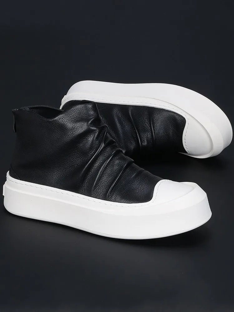 Fashion Men High Top Thick Platform Skateboard Shoes Zipper Cowhide Genuine Leather Ankle Boots New Hip Hop Man Casual Sneakers