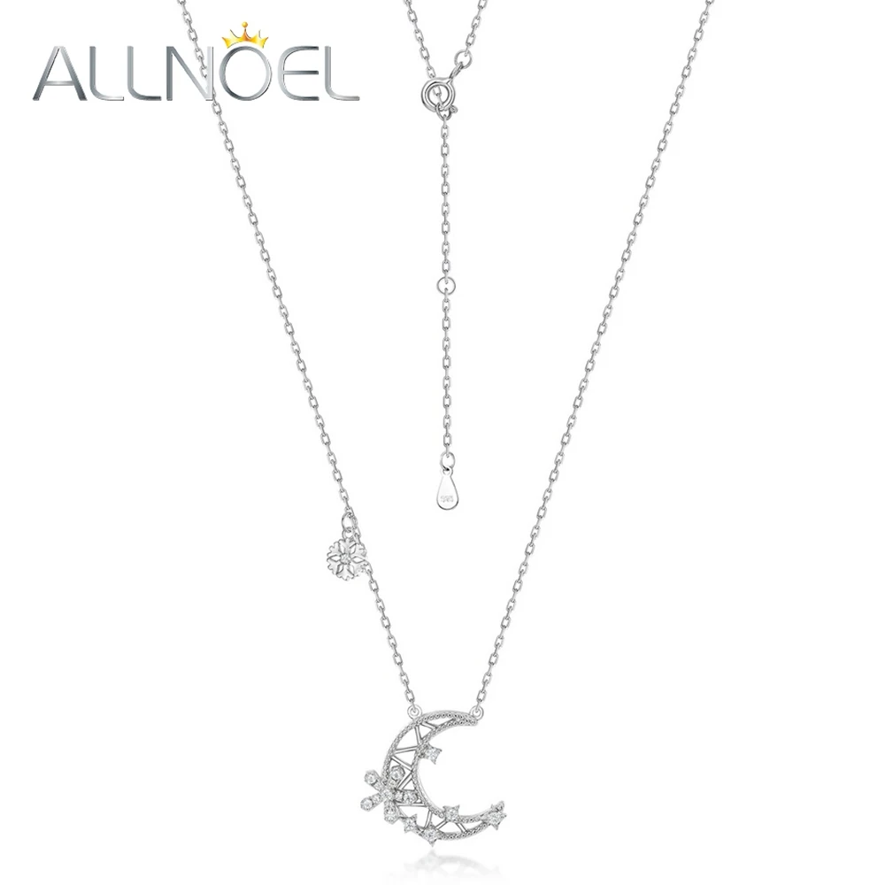 ALLNOEL 925 Sterling Silver Pendant Necklace for Women White Zircon Crescent Moon Snowflake Trendy Original Fine Jewelry Gifts