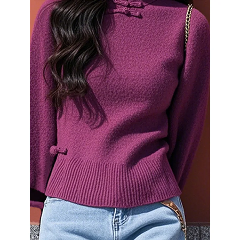 Boweylun-女性のための中国風ディスクバックルカラーセーター、女性のためのレトロなプルオーバー、紫、秋と冬、新しい