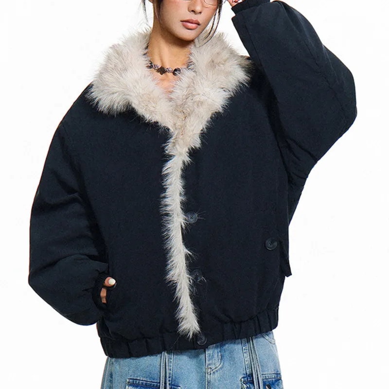 HKSH شتاء جديد المرأة سترة دافئة فو الفراء طوق واحدة الصدر الخصر Cinching كتلة اللون الرجعية رشاقته معطف مبطّن HK14706