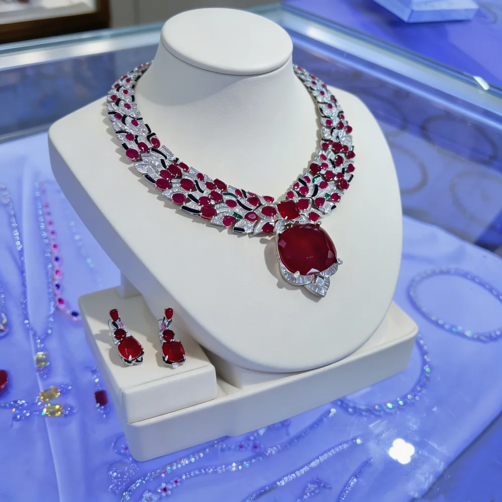 Designer Gorgeous Style Earrings Necklace Inlay Cubic Zircon Synthetic Ruby Black Enamel Party Jewelry Sets view 3