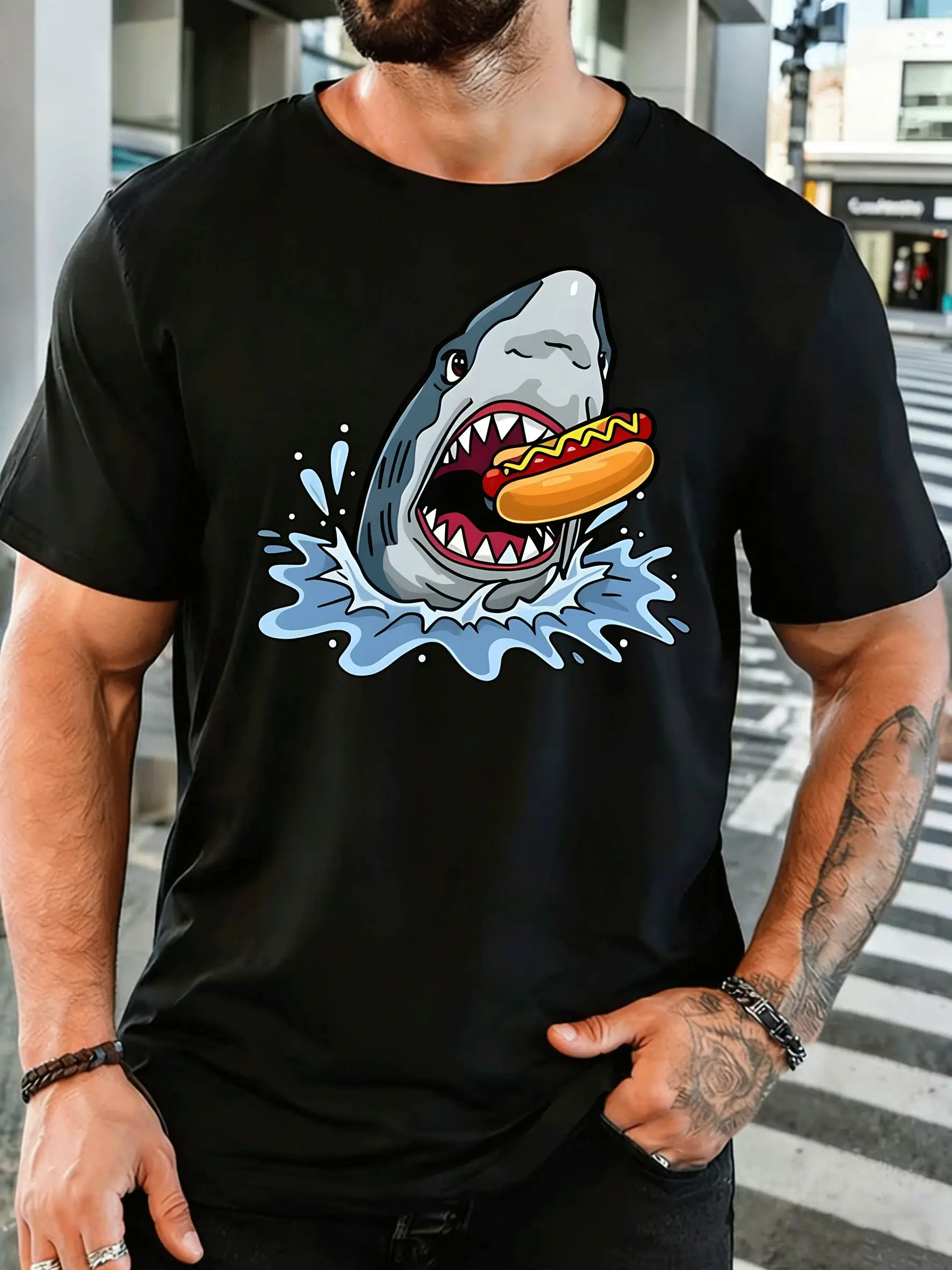 Men Short Sleeve T Shirt Shark Hot Dog Graphic Tee Funny Ocean Print Tops Summer Soft Cotton Casual Street Wear For Adult Male