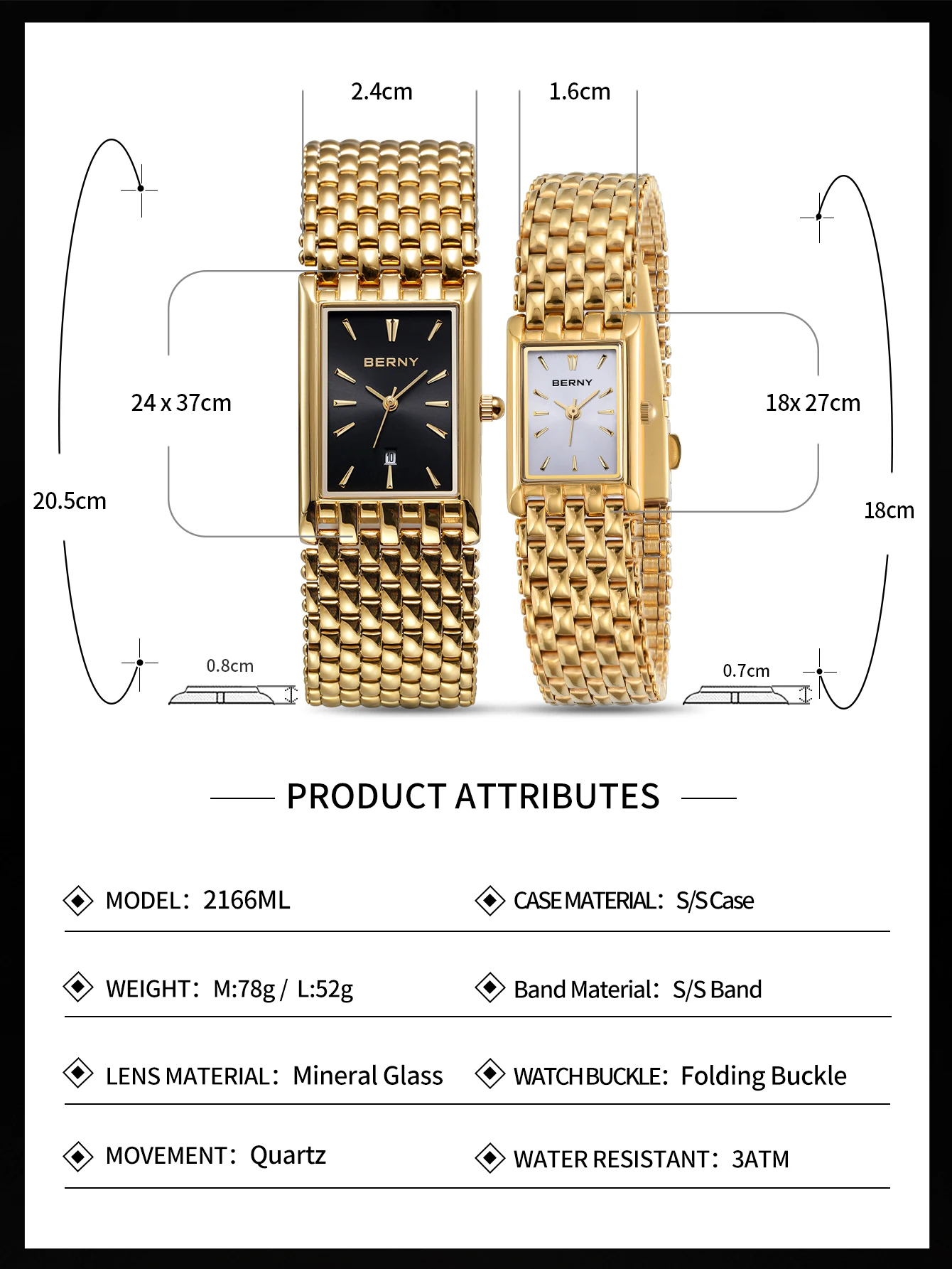 BERNY Gold Watch for Couple Luxury Women/Men Wristwatch Waterproof Golden Clock Quartz Stainless Steel Fashion Men Ladies Watch