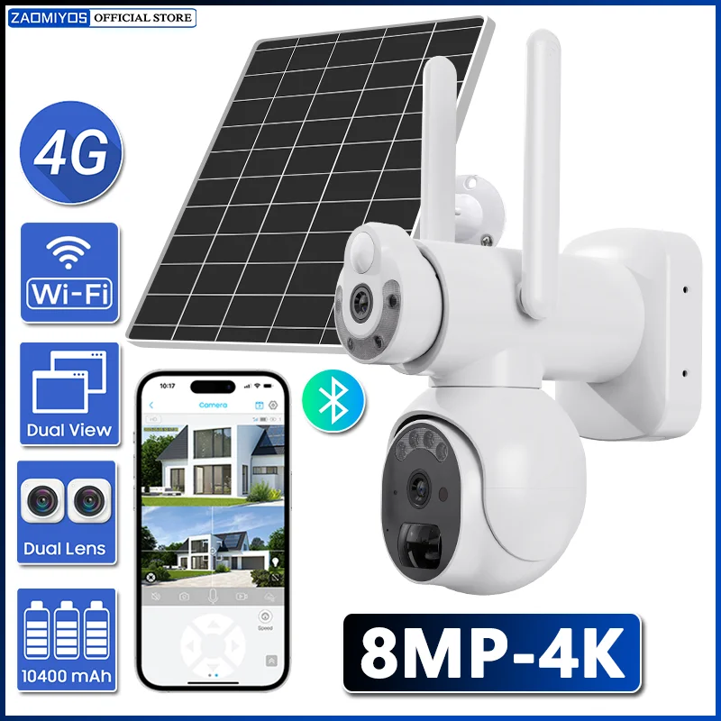 ZAOMIYOS 6MP 4G SIM Solar Camera 3K Dual Lens/View WIFI Wireless IP Camera PTZ Outdoor PIR Security Night Vision Surveillance