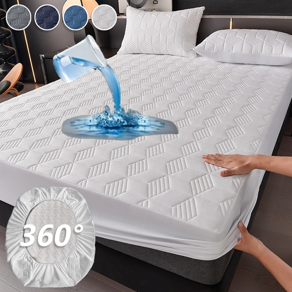 

Thick Quilted Waterproof Padded Fitted Sheet, No Pillowcase - Solid Color Washed Breathable Household Mattress Protective Cover