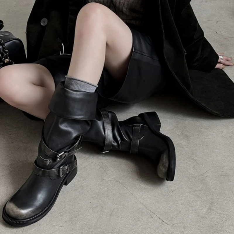 Women's Leather Knee-High Boots Buckle Detail Design Retro Round Toe Low Block Heel Street Ladies Daily Autumn Casual Mid Botas
