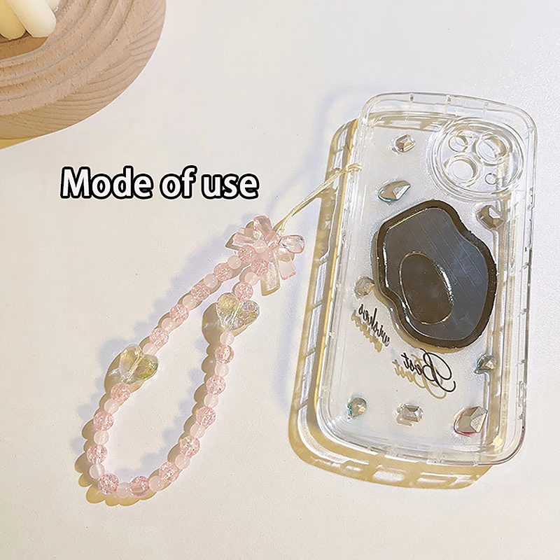 Pink Crystal Love Bow Mobile Phone Lanyard Key Lanyard Mobile Phone Jewelry Anti-Lost And Glass Flower Bead Mobile Phone Pendant