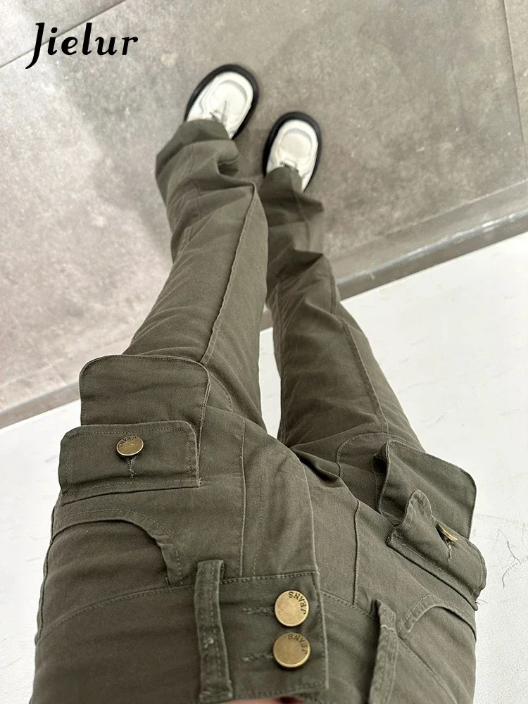 Jielur Harajuku Pocket Casual Denim Pants Women High Street Workwear Jeans Female Fashion Army Green High Waist Slim Cargo Jeans