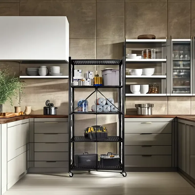 Tmy's Hot-Selling Modern Four-Layer Metal Folding Storage Rack on Wheels Home Kitchen and Bathroom Storage Rack for Household