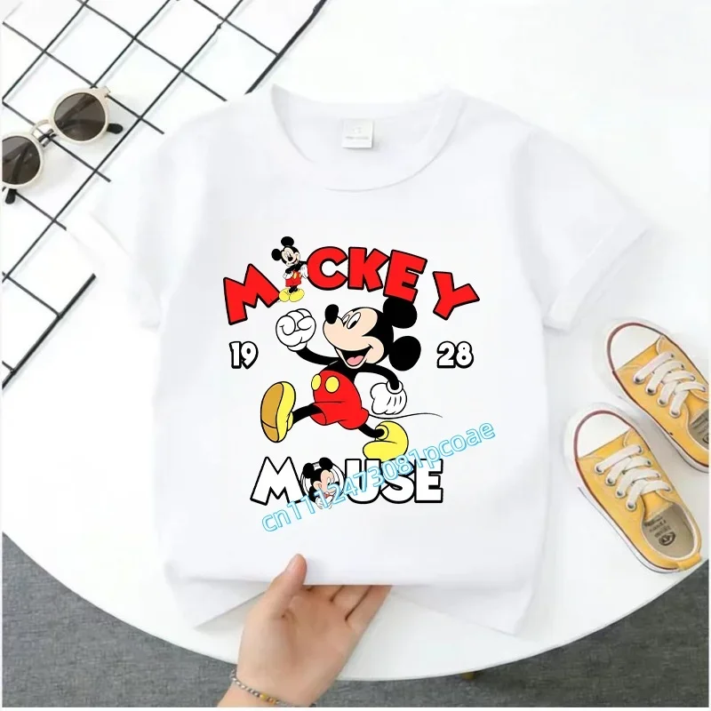2026 Boys Girls Short-sleeved Printed T-shirt Disney Mouse Cartoon Children 100% Cotton Soft Breathable Loose Sports Comfortable