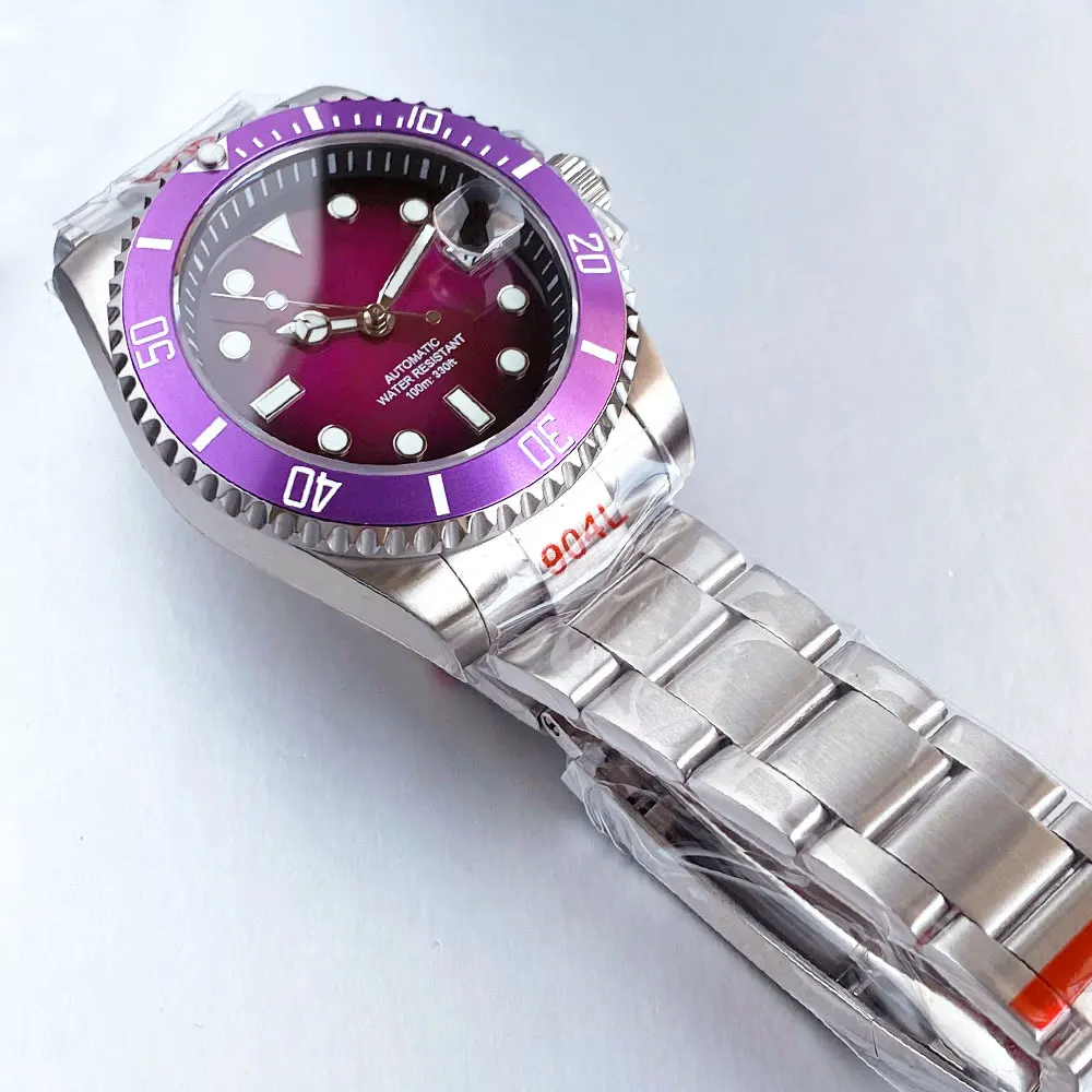 Jam Tangan Pria Tandorio Misty Purple/Red Sterile 40mm NH35A Automatic Movement Kaca Safir Diver 100m Tahan Air Mekanik