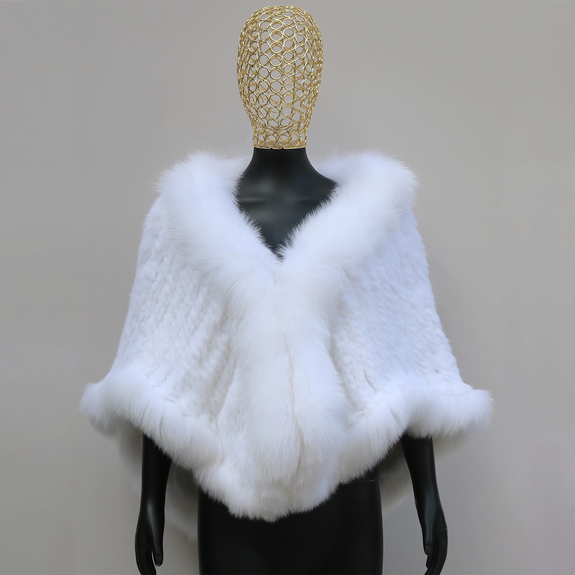 

Женская шаль из натурального кроличьего меха с отделкой из лисьего меха, пушистая теплая шуба-накидка