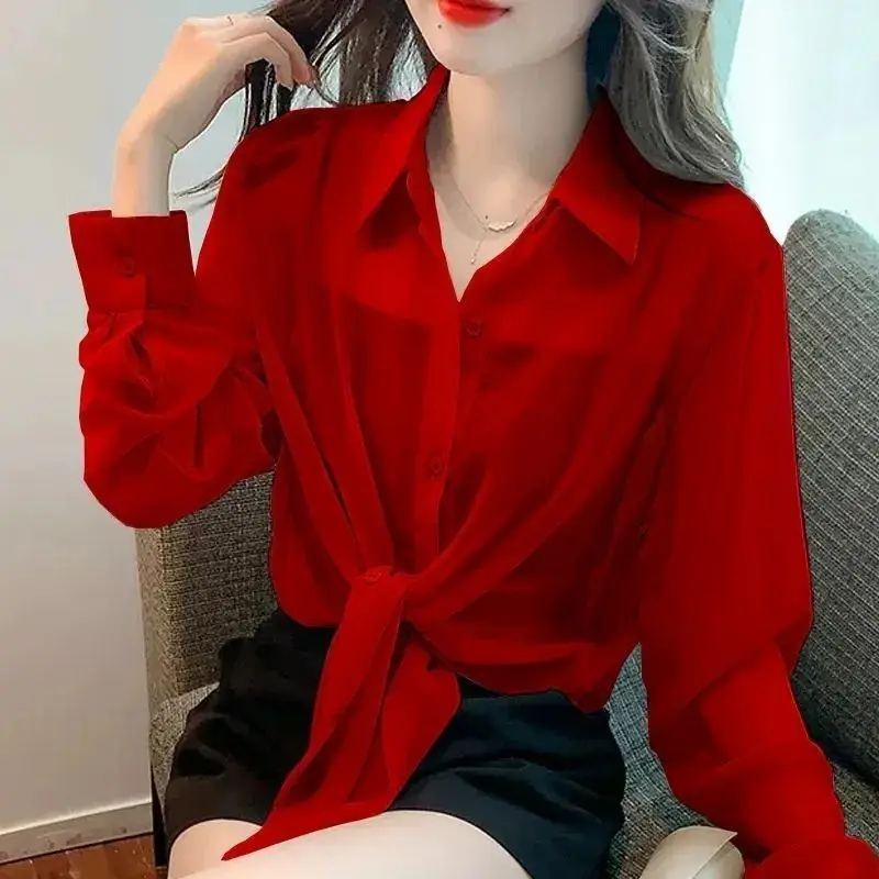 Thin Chiffon Shirt Women\'s Lace Up Cardigan 2024 Summer Outfit New Long Sleeve Sun Protection Shirt Air Plus Size Top Women