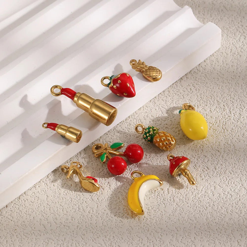 10Pcs Niche DIY Jewelry Charms Stainless Steel Fruit Enamel Lipstick Cherry Strawberry Pendants
