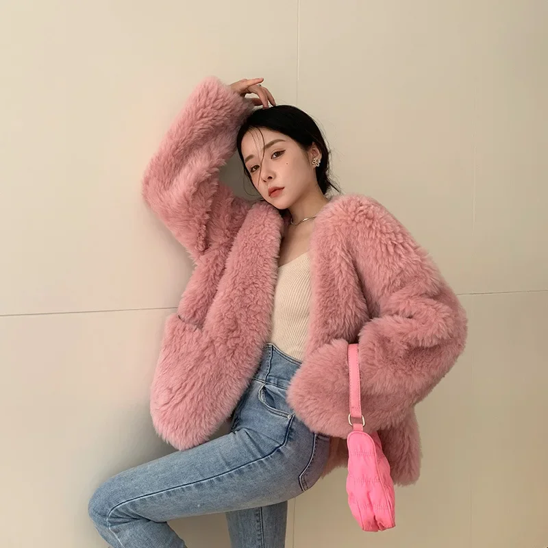 Shearling V-Neck Leather Jacket Shearling Coat Tened Fur Jacket Luxury Overcoat High uality, Autumn, Winter, New, Uscan 2024