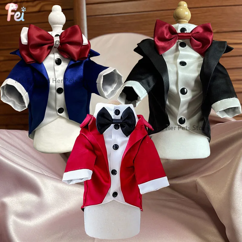 

Elegant Dog Tuxedo Suit with Red Bow Tie & Tailcoat-Formal Wedding Groom Grooming Attire for Small Dogs, Lord Style Tails Outft