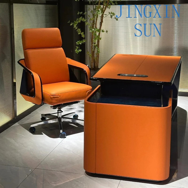 Light Luxury Hand-Stitched Genuine Leather Boss Chair for Modern Villa Study Ergonomic Rotating Lifting Office Chair for Home