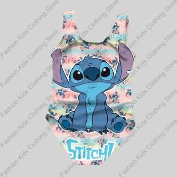 MINISO New Girls Summer Casual One-Piece Swimsuit Fashion Cartoon Cute Stitch 3d Printed Women Swimwear Sleeveless Swim Clothing