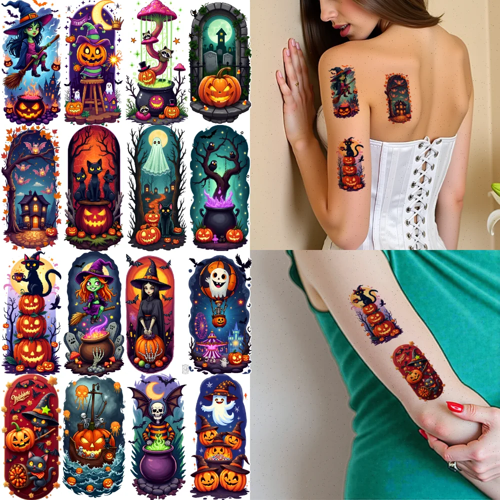 

9pcs Temporary Tattoo Haunted House Waterproof Long-lasting Body Stickers Vampire Ghost Halloween Black Cat For Women Men