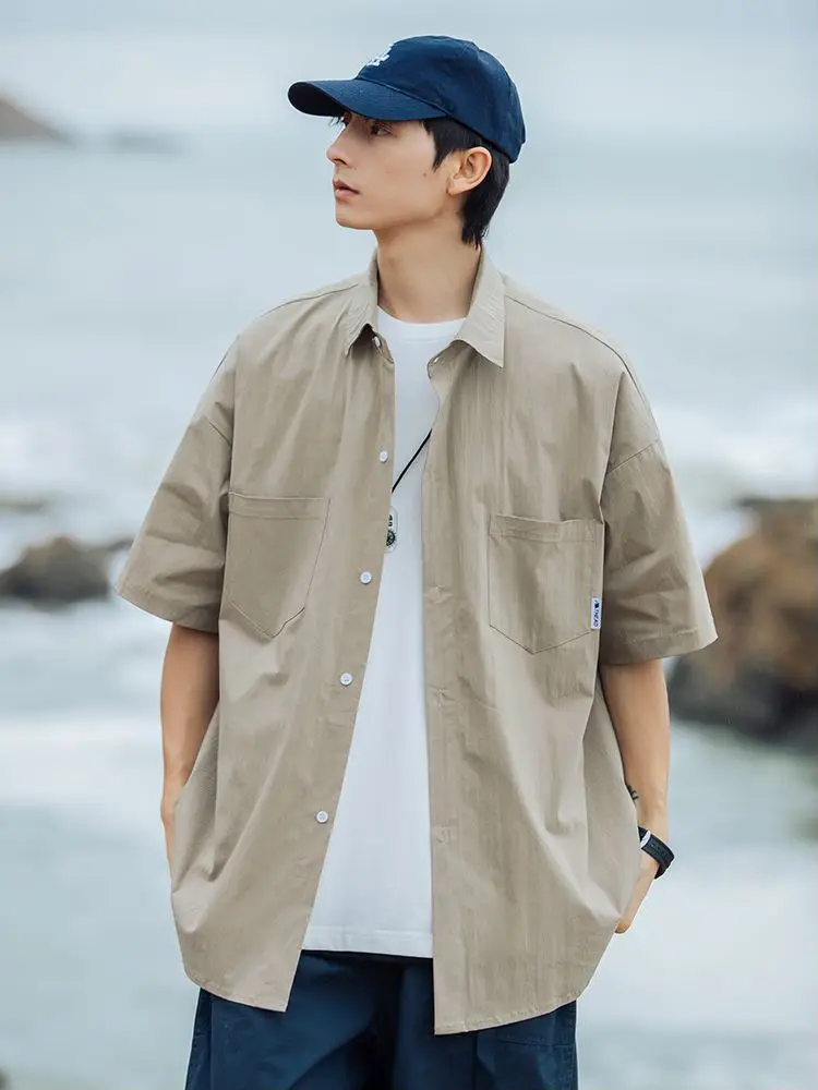 Retro Japanese Style Summer New Men's Loose Casual Half Sleeve Shirt Fashionable Pure Color Workwear Short Sleeve Jacket