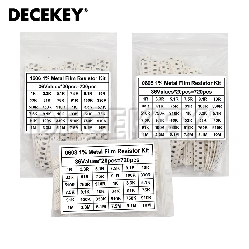 720pcs 1% 0603 0805 1206 SMD Chip Resistor Assorted Kit 1 ohm - 10M 36valuesX20pcs Resistance Sample set