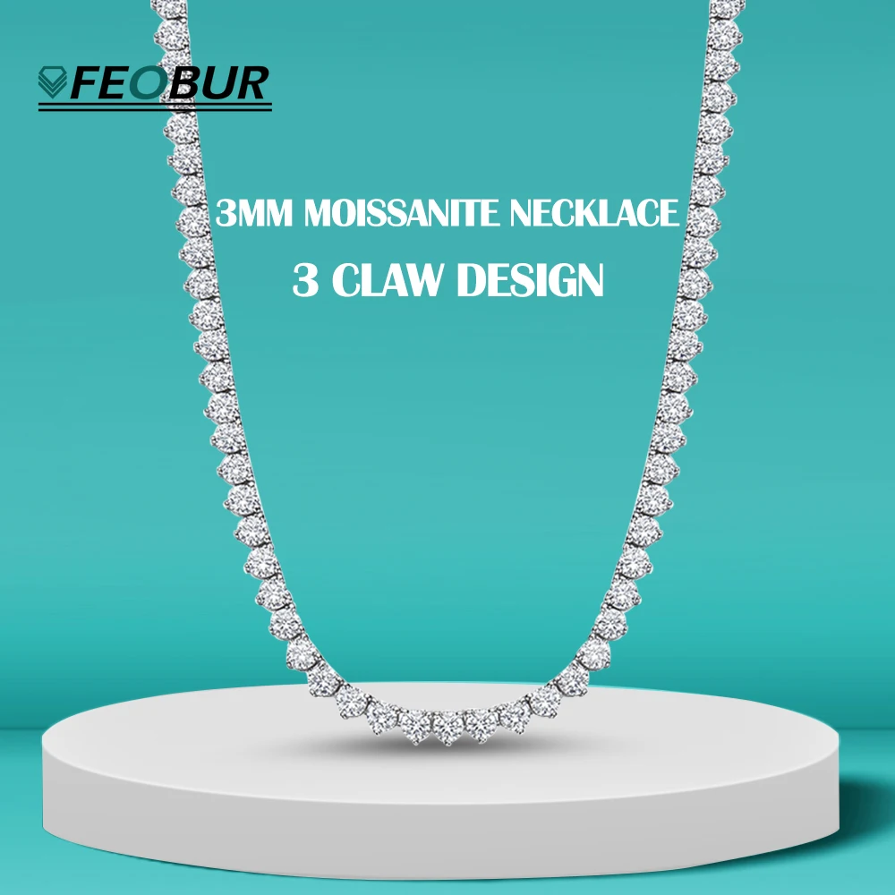 

FEOBUR 3mm All Moissanite Tennis Necklaces For Women Men S925 Sterling Silver Chain Full Diamonds Necklace Hiphop Jewelry GRA