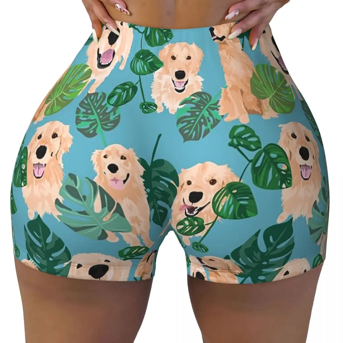 Custom Golden Labrador Retriever Dog Tropical Yoga Shorts Women Gym Workout Running Athletic Volleyball Biker Shorts